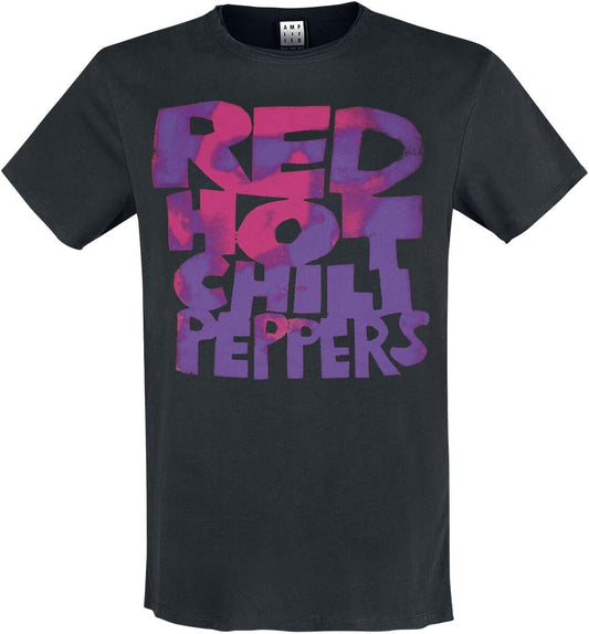Red Hot Chili Peppers Text Neon Pink Amplified Vintage Black T Shirt (Medium)