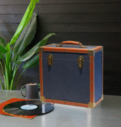 NAVY CLOTH & BROWN LEATHER - LP Record Storage Carry Case
