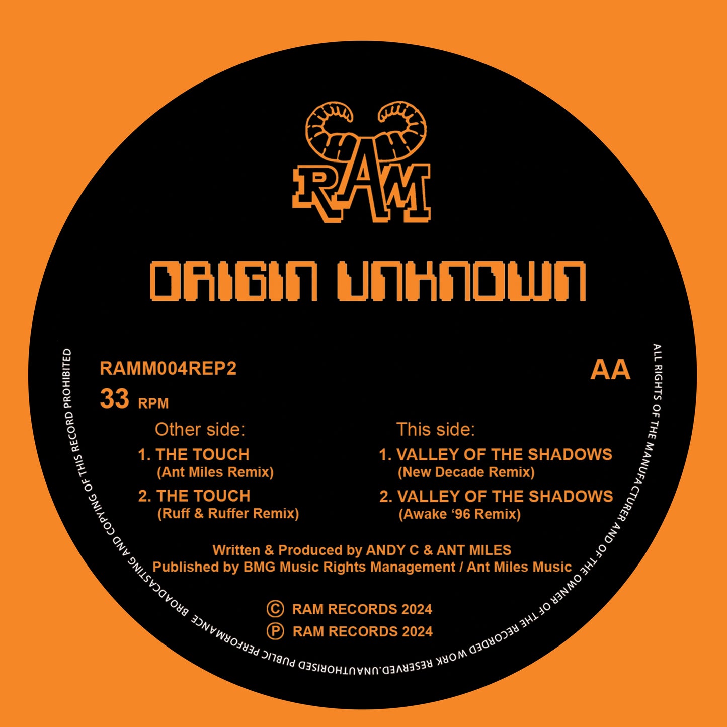 Origin Unknown - The Touch / Valley of the Shadows 2024 Remixes [Orange Vinyl]