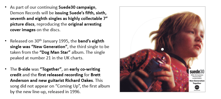 SUEDE - NEW GENERATION 30TH ANNIVERSARY EDITION [7" Picture Disc]