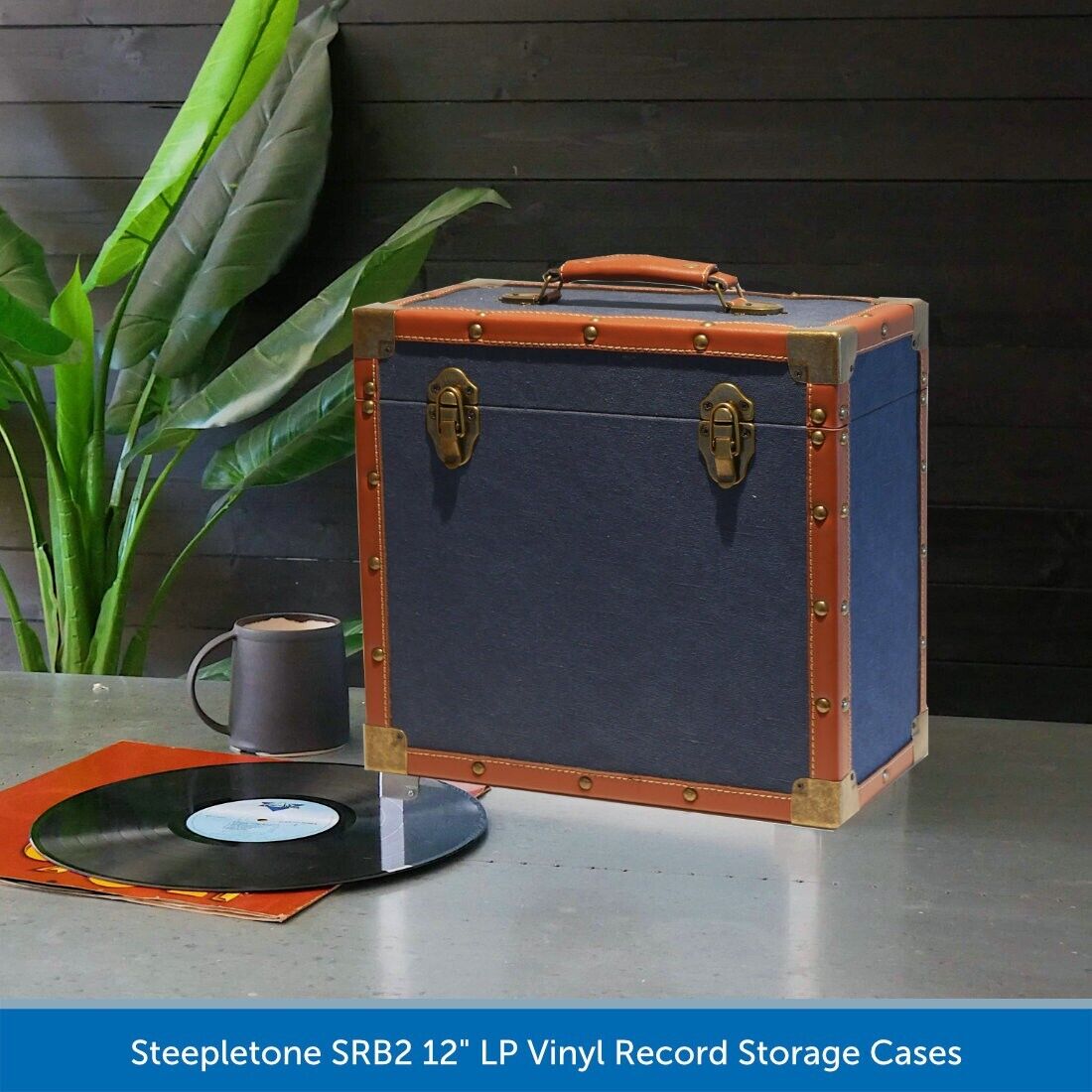 NAVY CLOTH & BROWN LEATHER - LP Record Storage Carry Case